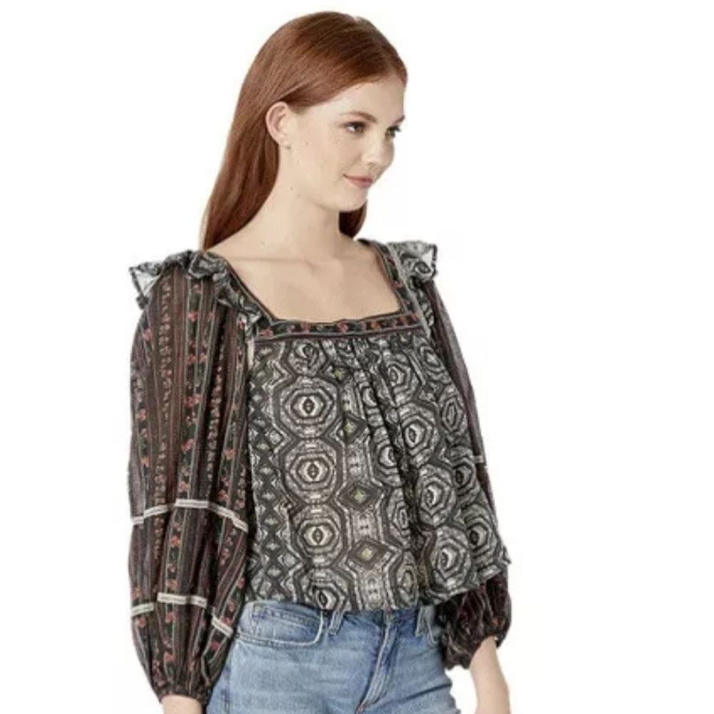 Free People Meadow Blouse Top Cotton Mixed Media Print Peasant Black Combo Sz L